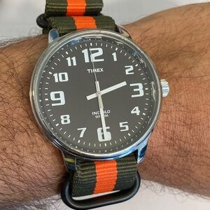 Timex Indiglo watch, black dial, new olive green and orange striped nato strap